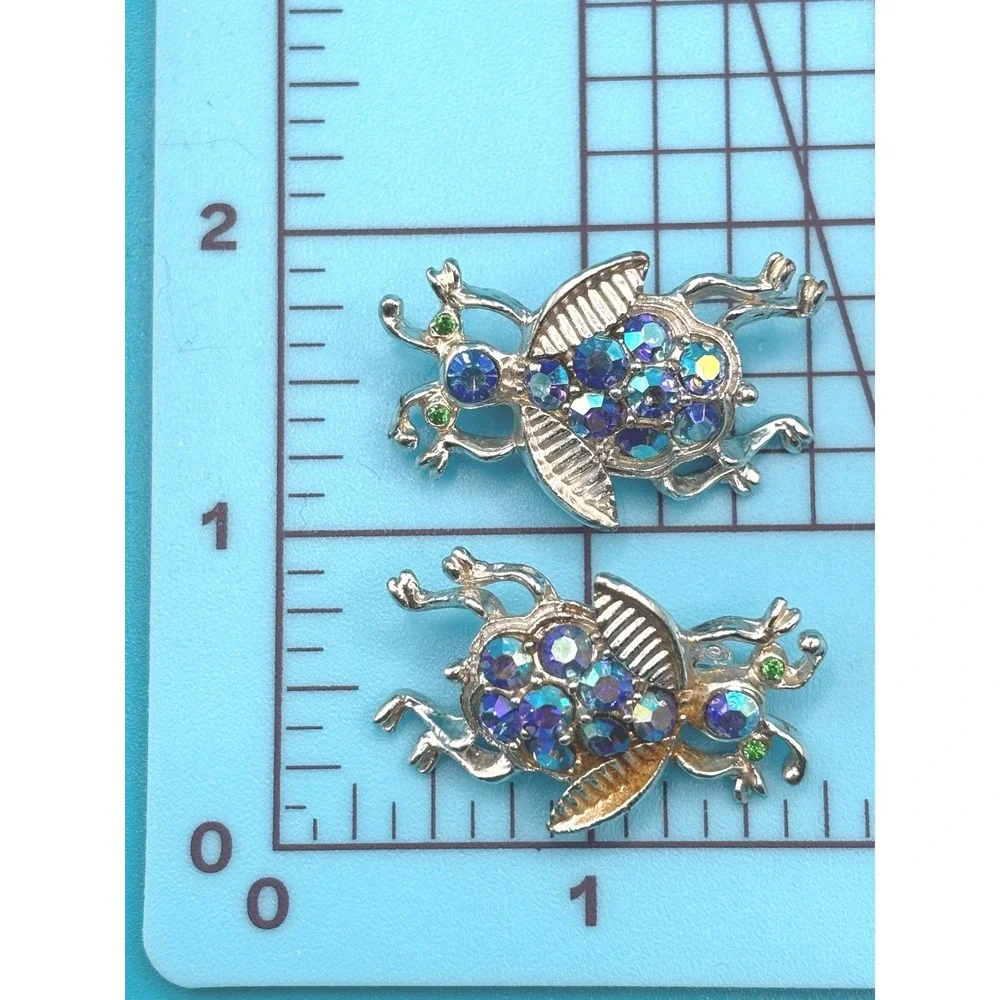 Vintage Rhinestone Ladybug Brooch Pin Set Blue Green Silver‎ Tonen